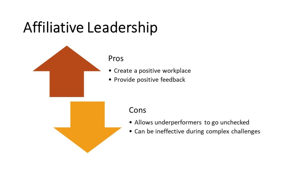 Pros: create a positive workplace, provide positive feedback. Cons: allows underperformers to go unchecked, can be ineffective during complex challenges