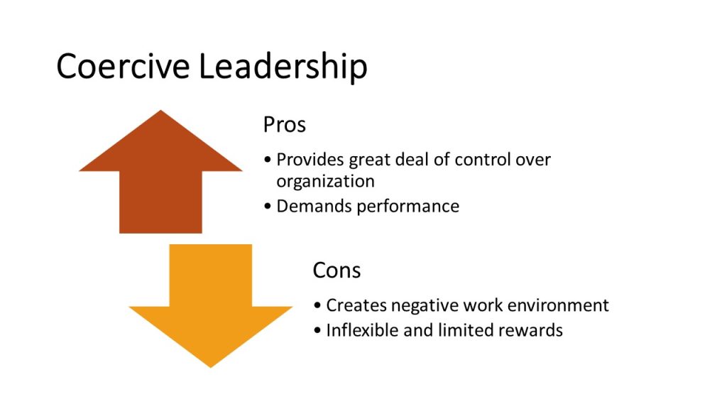 Pros: provides great deal of control over organization, demands performance. Cons: creates negative work environment, inflexible and limited rewards.