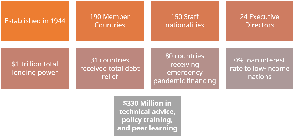 Other facts outlined in surrounding text. Additional facts: 31 countries received total debt relief, 80 countries receiving emergency pandemic financing, 0% loan interest rate to low-income nations